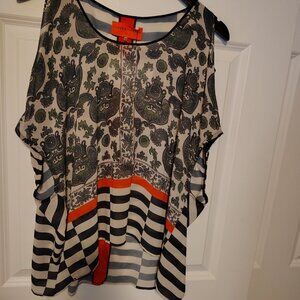 Clover Canyon Sheer Paisley and Striped Open Shoulder Shirt Tank Top